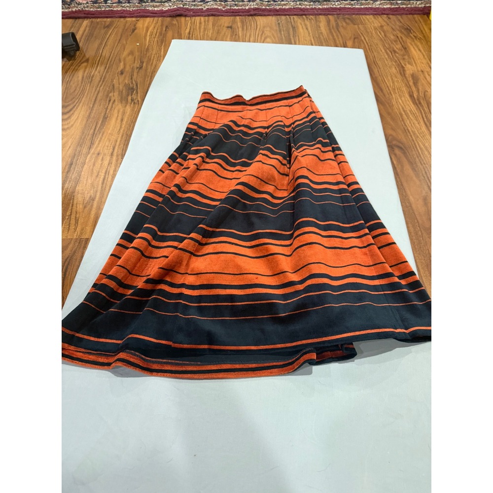 Vintage Women Lepin Striped Velvet Pleated Midi Skirt W25 Orange Black